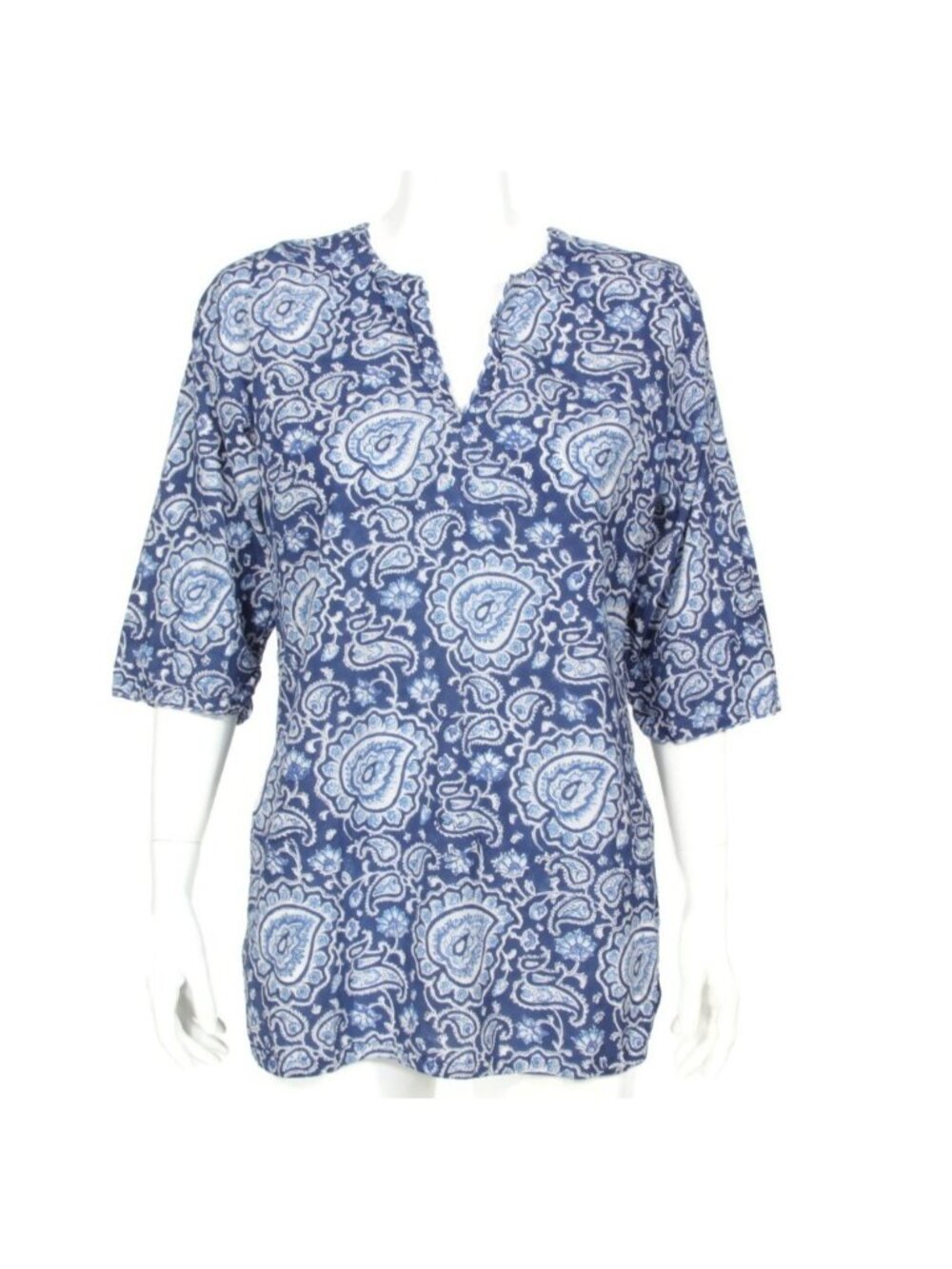 ANOKHI Blue White Paisley Hipipe Boho Floral Cotton Lightweight Top sz Small 061
